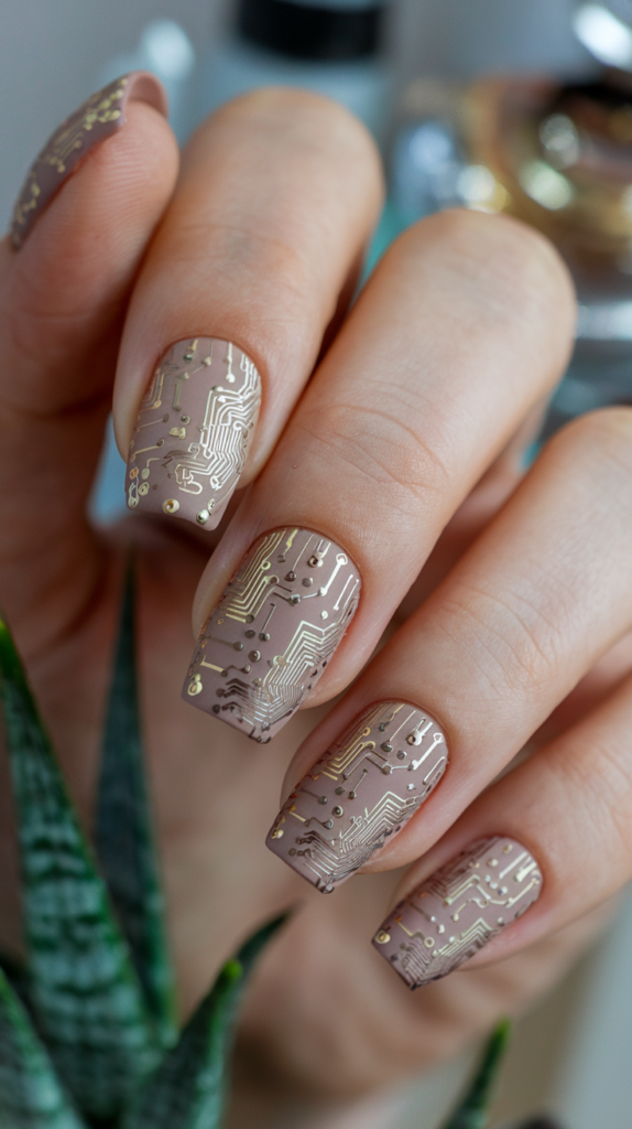 Microchip Art – Matte nude nails with delicate metallic gold microchip patterns running along the surface.
