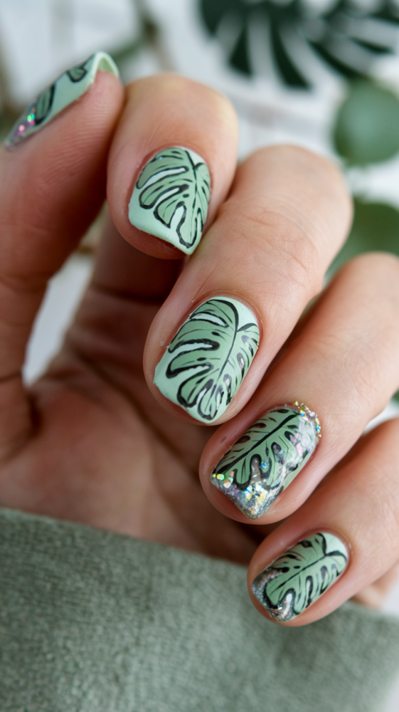 Nails with pastel green backgrounds, decorated with detailed monstera and palm leaf designs