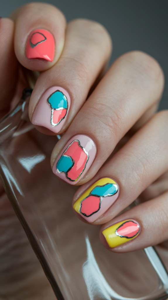 Nails featuring bold asymmetrical shapes in coral, turquoise, and yellow with metallic silver outlines.