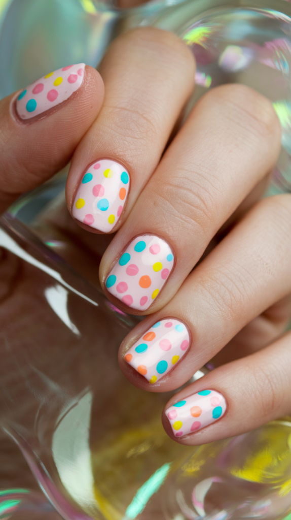 Light pink nails with pastel-colored polka dots and stripes, mimicking Easter egg designs.

