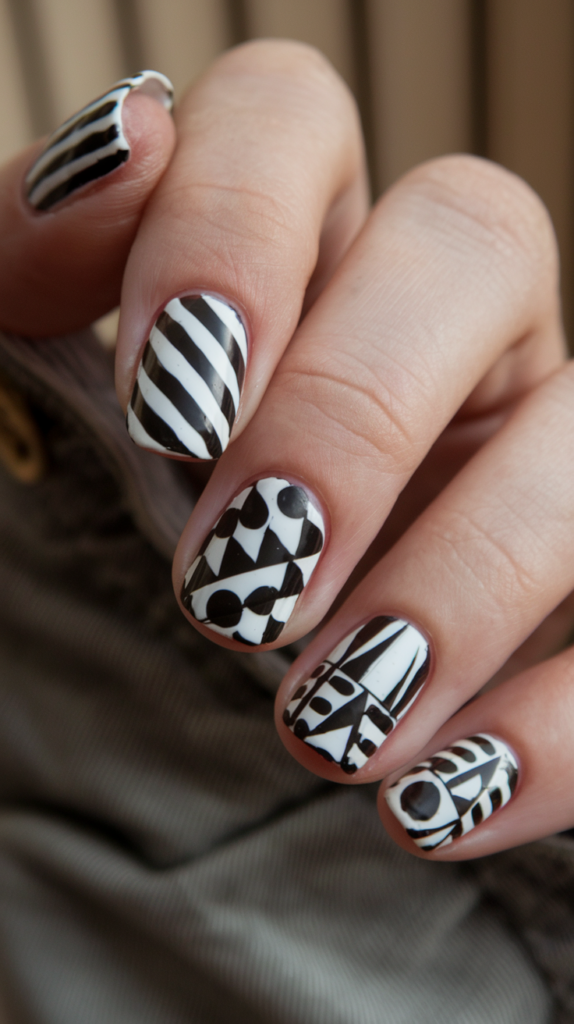 Black and white nails featuring bold geometric patterns, including stripes and triangles, for a striking monochrome Art Deco look