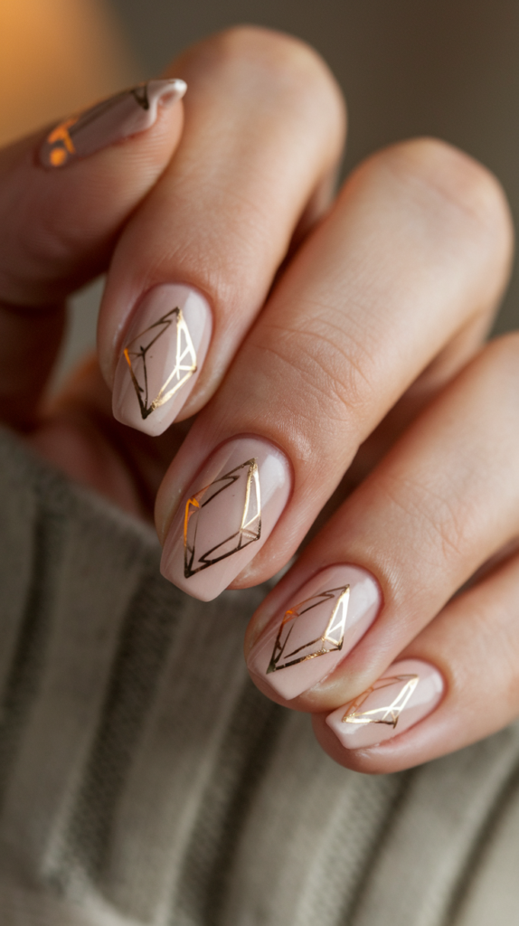 Nude nails featuring sharp, geometric diamond shapes outlined in gold, offering a clean and sophisticated Art Deco look.
