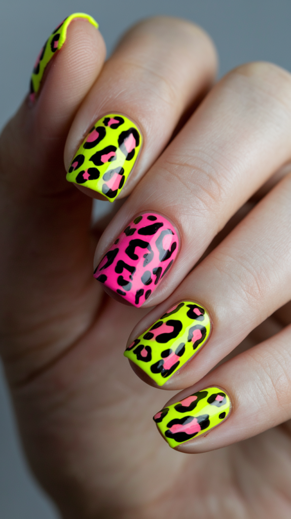 Neon leopard and zebra print nails with a neon yellow and hot pink base