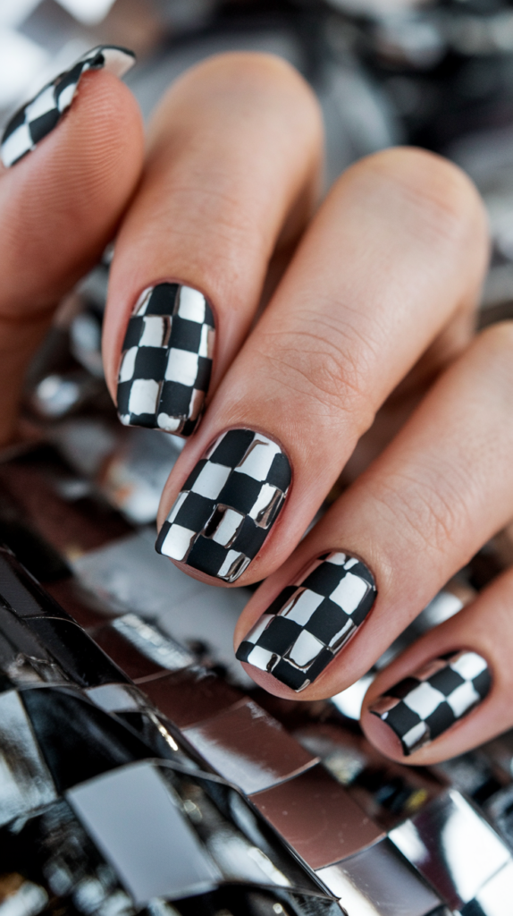 Checkerboard nail design featuring alternating chrome and matte black squares