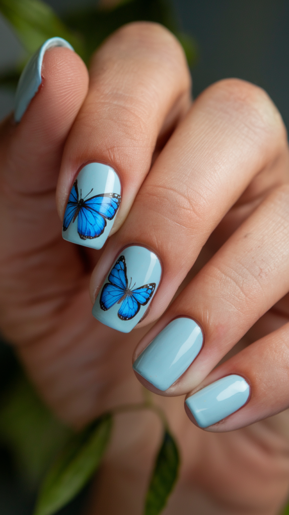 Blue Butterfly Accents – Soft blue with 3D or painted butterfly accents.
