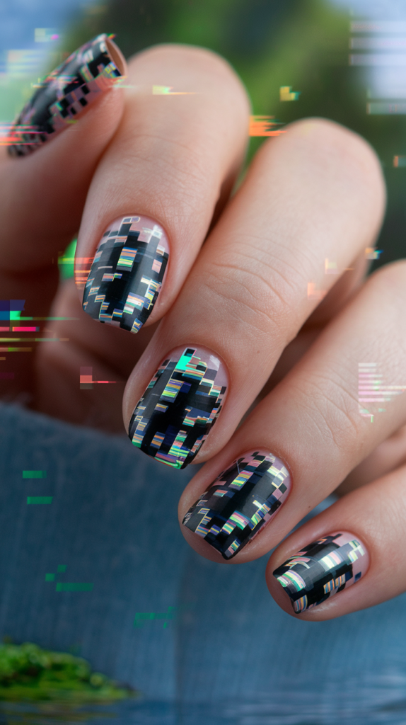 Glitch Art Nails – Nails featuring blocky, pixelated glitch patterns in bright neon colors over a dark background.
