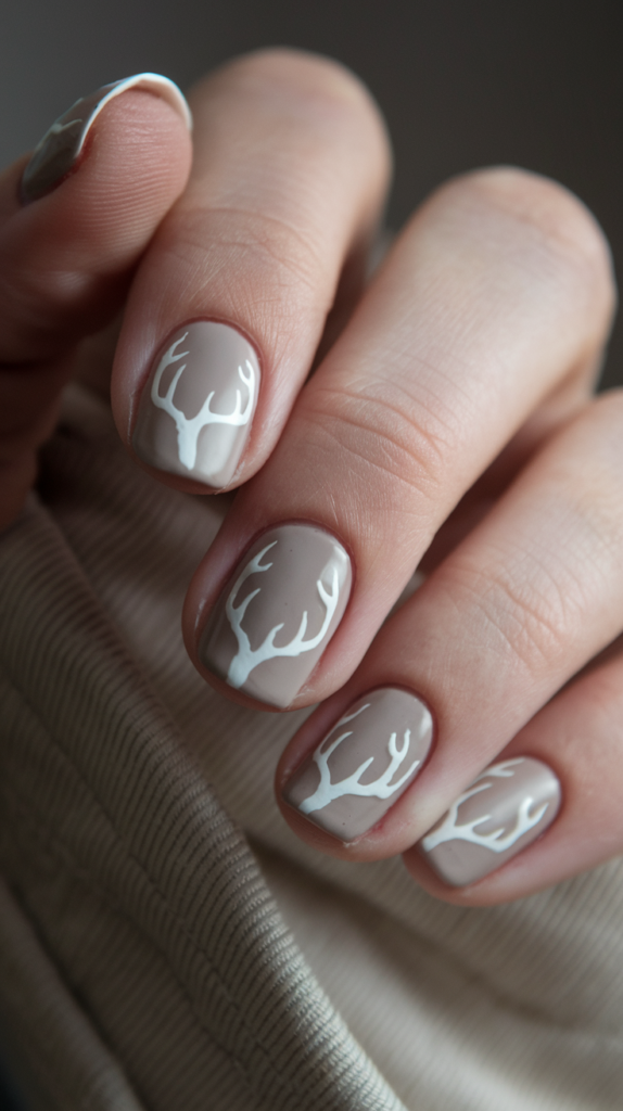 Neutral-toned nails with intricate deer antler silhouettes in soft, earthy colors for an elegant look