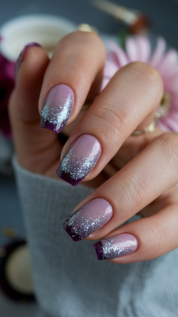 Violet and Silver Fade Nails – Nails with a blend of violet at the cuticles fading into sparkling silver glitter toward the tips, offering a shimmering, multidimensional look