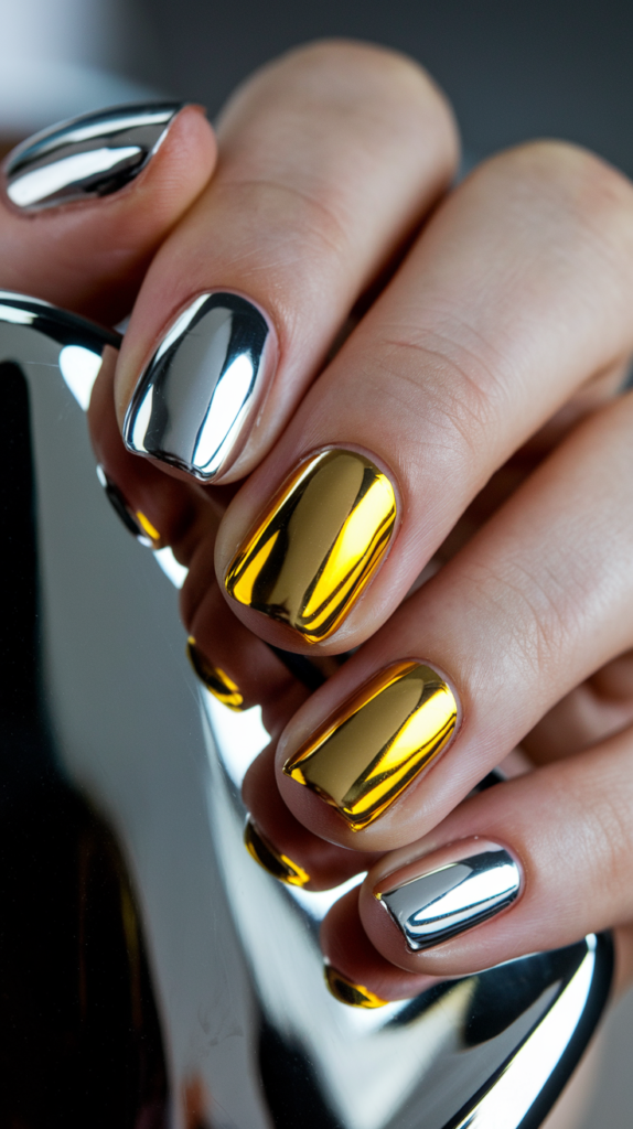 Nails alternating between shiny silver and gold chrome for a bold, contrasting look.