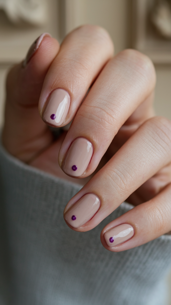 Purple Dots on Nude Nails – Nude-based nails with one or two small purple dots near the cuticles for a simple and stylish look