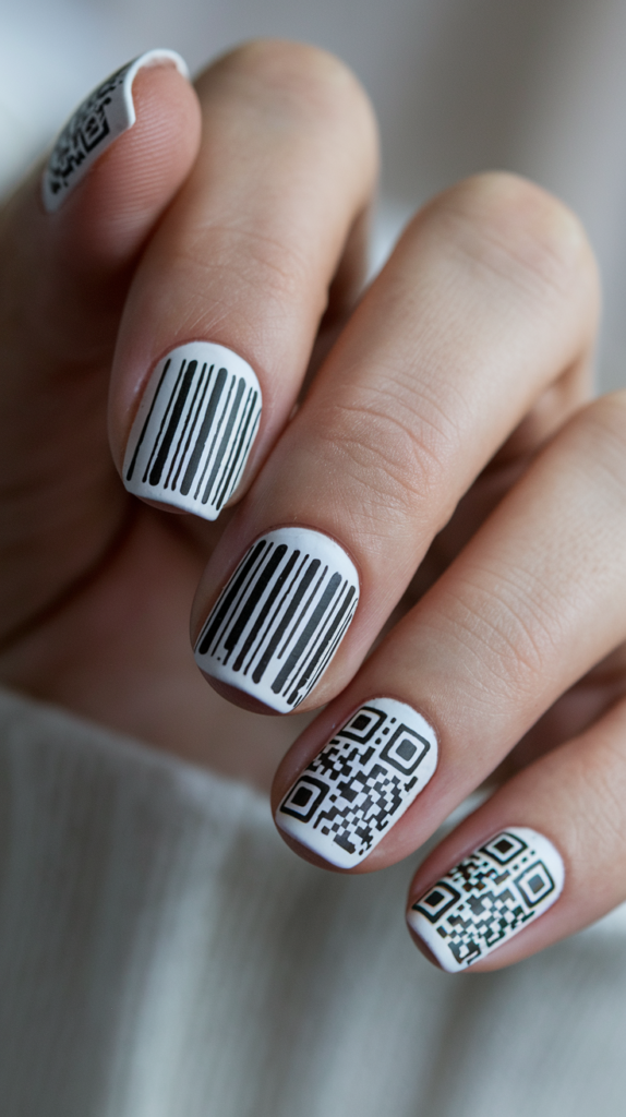 Barcodes and QR Codes – White nails with precise black barcode and QR code patterns for a tech-inspired look.
