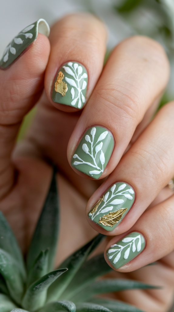 Green nails with delicate hand-painted leaves and gold foil accents