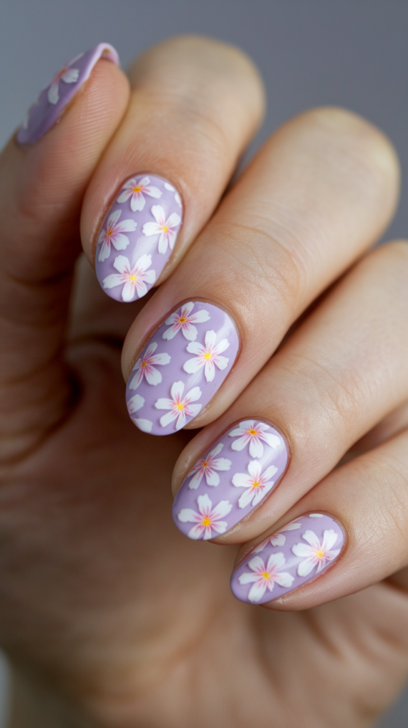 Cherry Blossom on Purple Nails – Light purple nails adorned with pale cherry blossom flowers, complete with white outlines and yellow centers