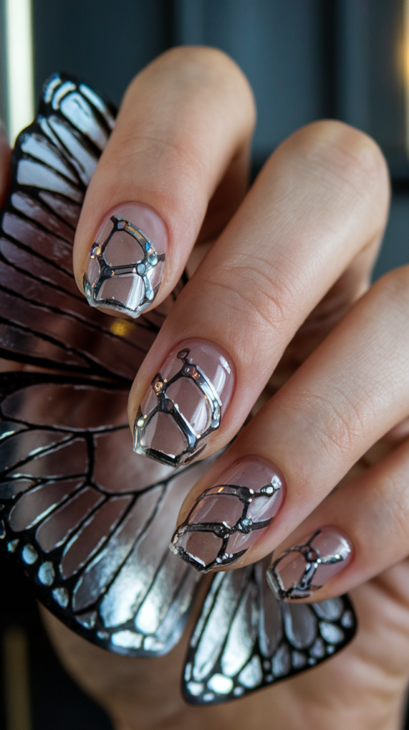 Mechanical Butterfly – Transparent nails with metallic butterfly wings featuring robotic segments.
