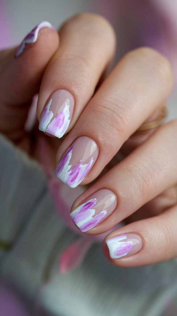 Watercolor Purple Nails – Pastel purple nails with soft, semi-transparent watercolor brushstrokes, giving a dreamy and artistic feel