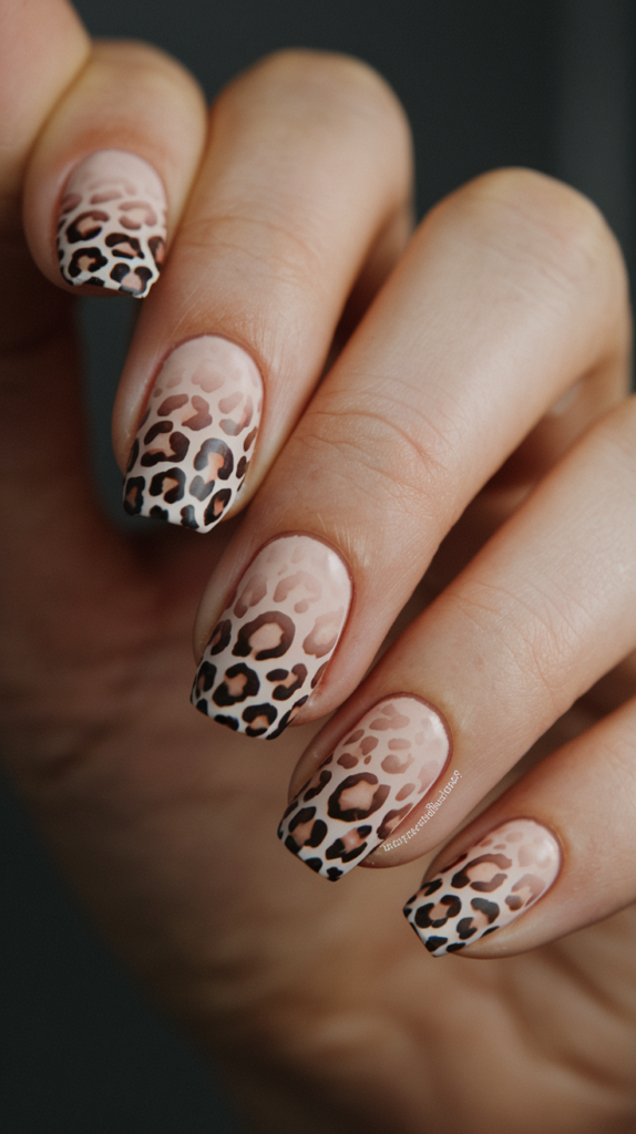 Nude-to-brown ombre nails fading into black leopard spots at the tips for a dynamic look