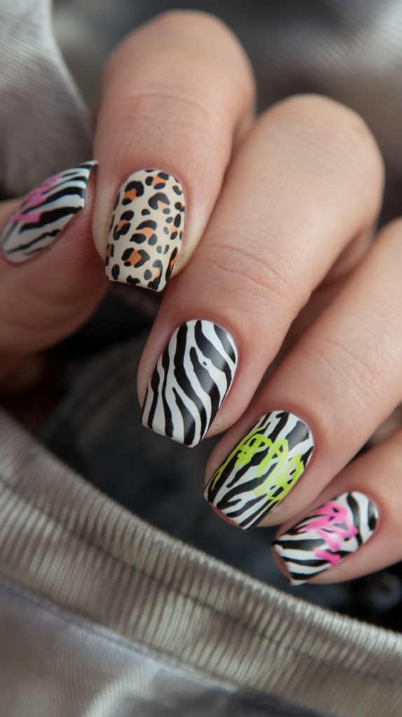 Nails combining zebra and leopard prints with neon graffiti accents for a wild, urban look