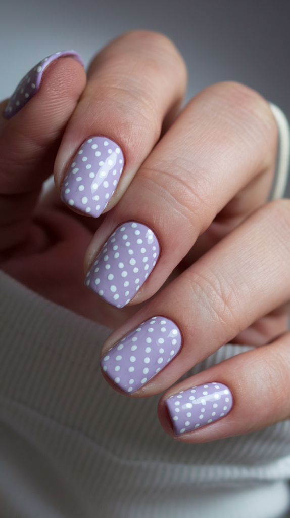 Pastel Purple and White Dot Nails – Light purple nails with small white polka dots evenly spaced, for a whimsical and cheerful look