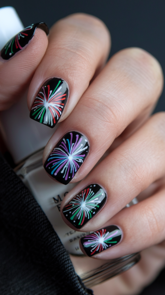 Dark nails with vibrant, colorful firework designs exploding across the surface, set against a black base