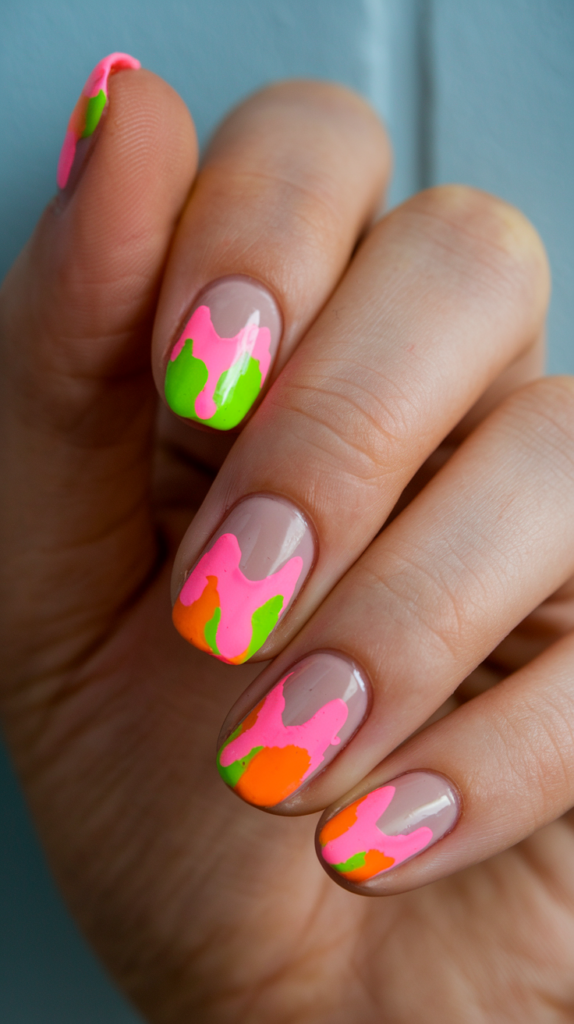 Neon drip-effect nail art with orange, pink, and green 'paint' on a nude base