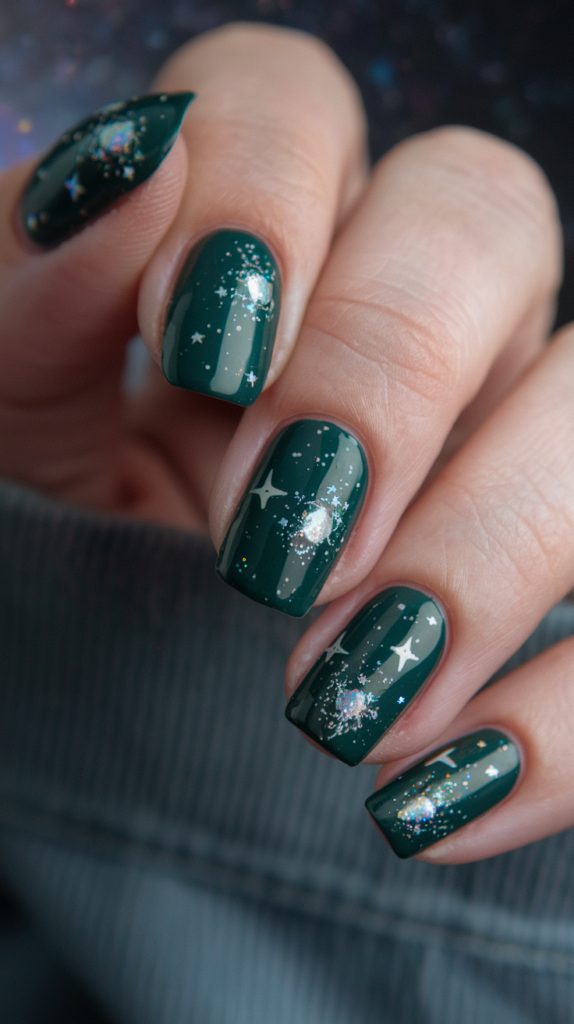 Dark green nails with cosmic stars, galaxies, and shimmer effects