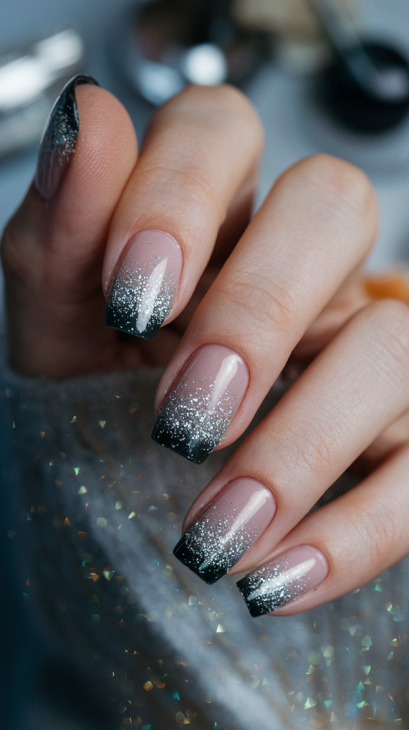 Gradient nails transitioning from dark to glittery tips, creating a sparkling effect.
