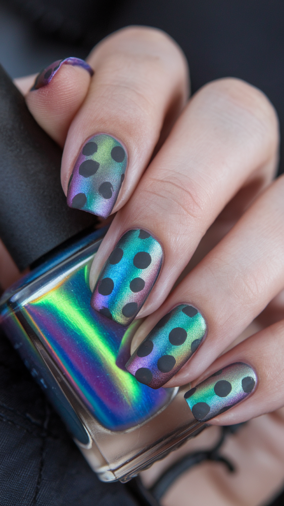 Holographic Dots: A holographic base with contrasting matte or glossy dots for a futuristic look.
