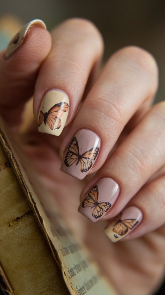 Nails with muted butterfly motifs in earthy tones over a soft pastel base.