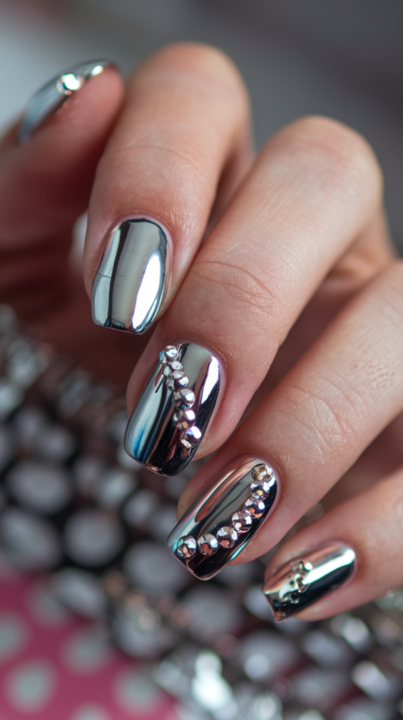 Chrome nails accented with small rhinestones for extra glam and sparkle