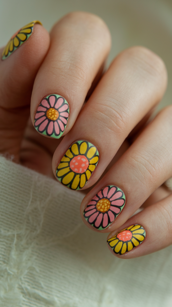 Nails featuring bright yellow and orange floral patterns with large daisy motifs.

