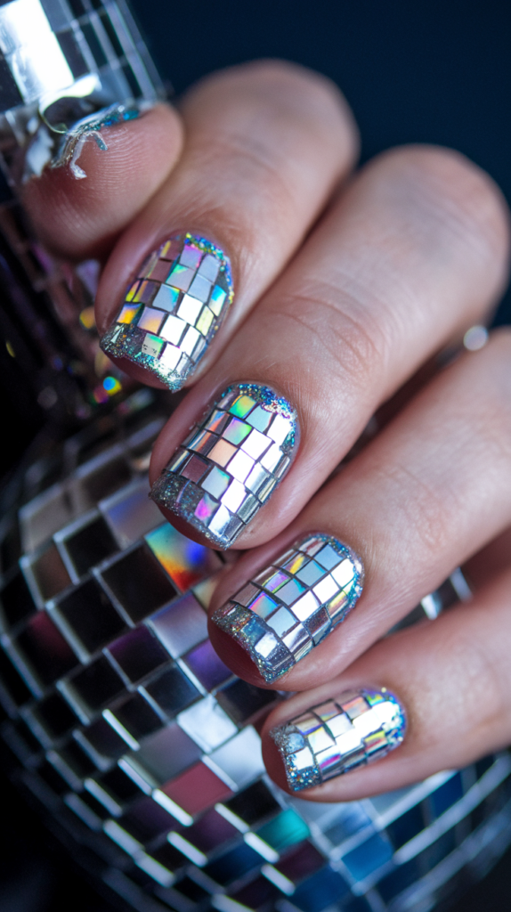 Silver glitter-covered nails reflecting light in every direction, mimicking the look of a disco ball.
