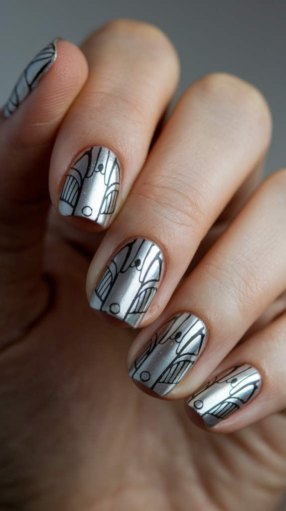 Silver metallic nails featuring curved Art Deco-style arches and patterns, offering a sleek and modern design.
