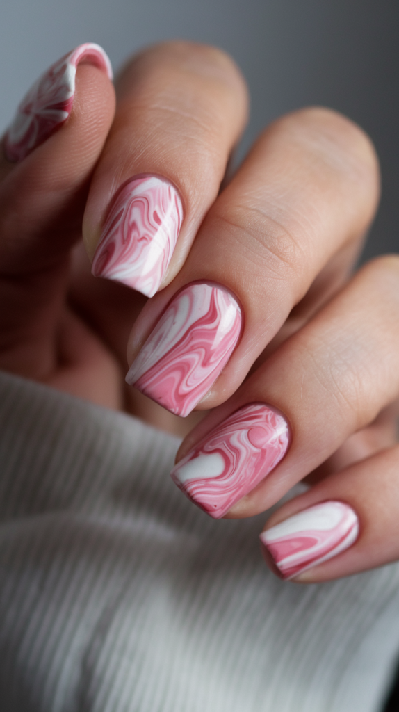 Nails featuring swirled pink and white marble patterns, finished with a smooth, glossy top coat.

