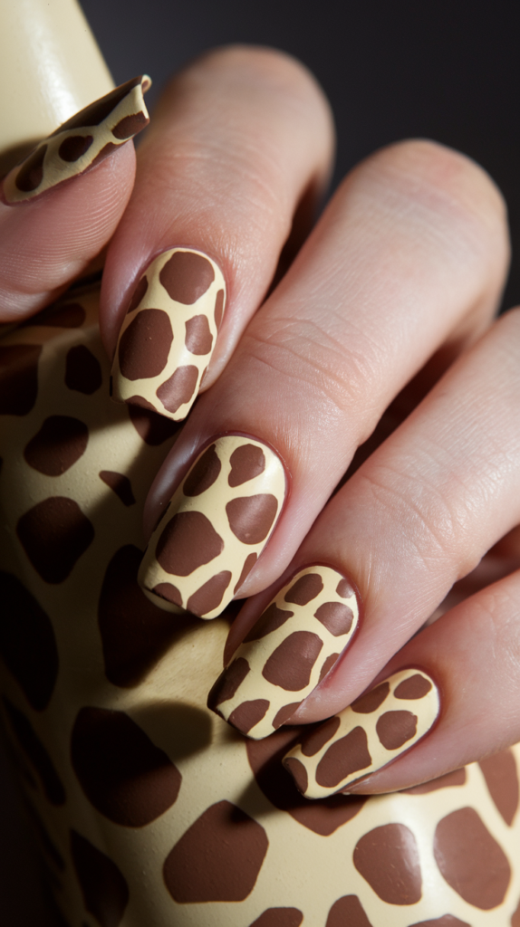 Earth-toned giraffe print nails with large, irregular brown spots on a cream base