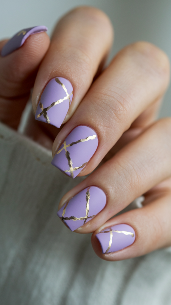 Matte Lilac with Gold Accents – Matte lilac nails with thin gold stripes, combining pastel and metallic elements for a chic, modern style