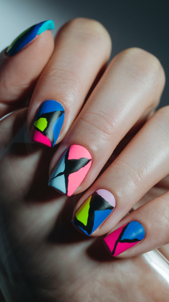 A set of nails with bold, colorful blocks of geometric shapes like triangles and squares on a neutral base.