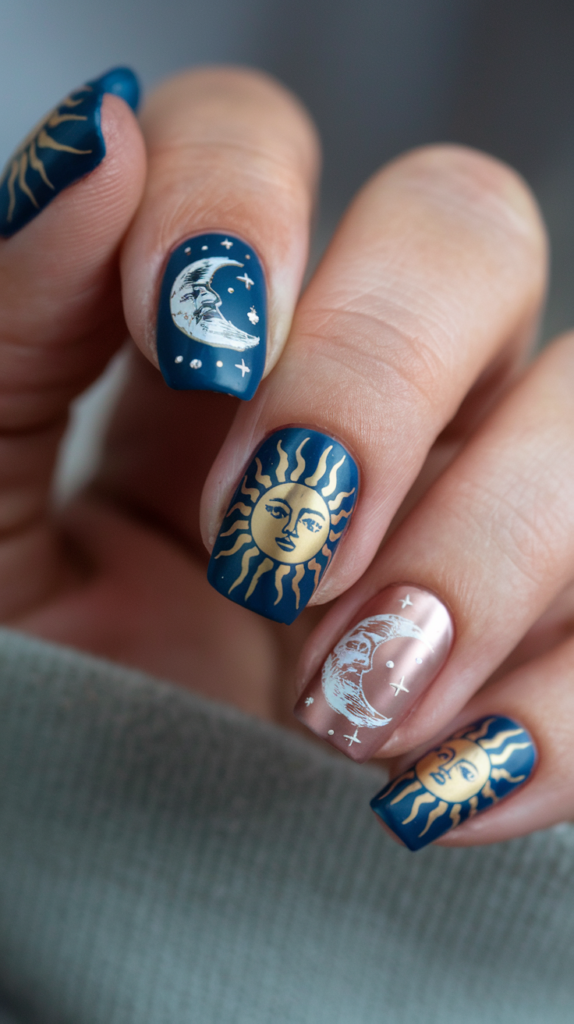 Sun & Moon Combo – Celestial sun and moon symbols on each nail.
