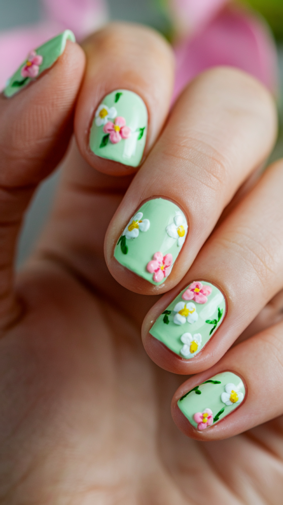 Pastel green nails decorated with hand-painted tiny flowers in pink and white