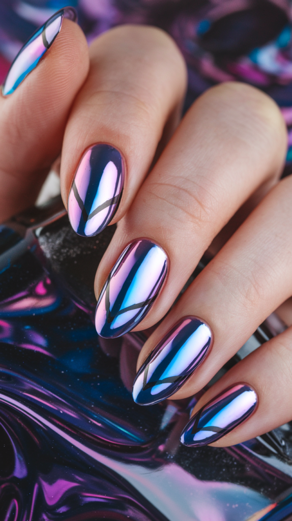 Chrome cat-eye effect nails with a reflective, linear pattern that shifts under the light