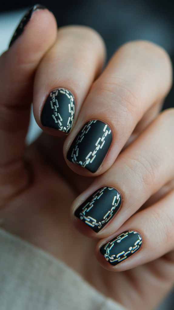 Matte black nails with small metallic chains draped across the surface for a punk-inspired look