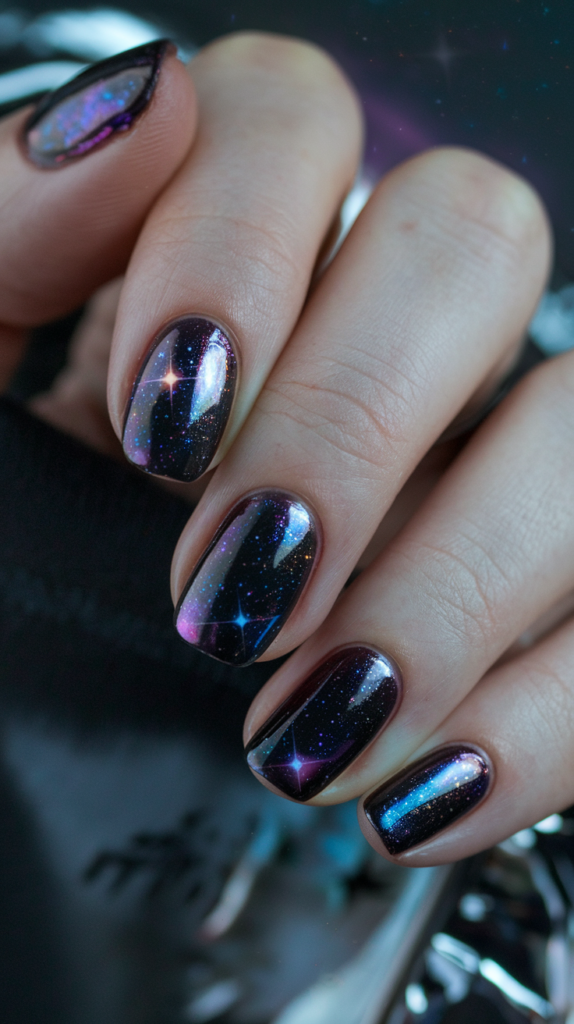 Dark chrome nails featuring galaxy-inspired designs, including stars and nebula effects