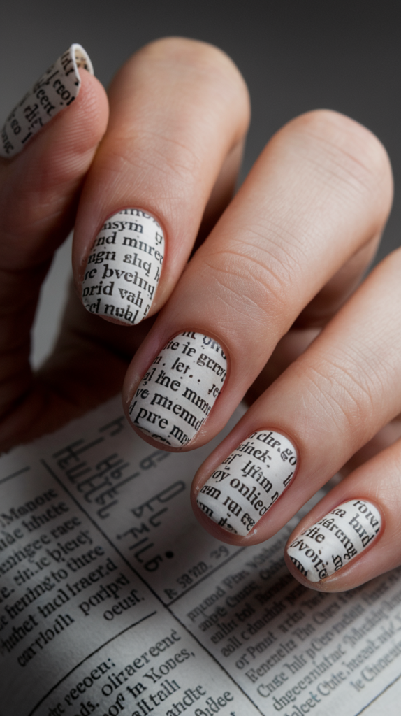 Nails with black-and-white newspaper text transferred over a matte white background.

