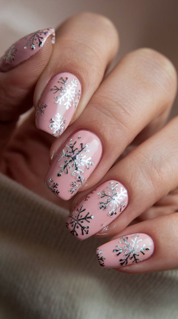 Pastel pink nails adorned with intricate silver snowflakes, perfect for a festive winter manicure.

