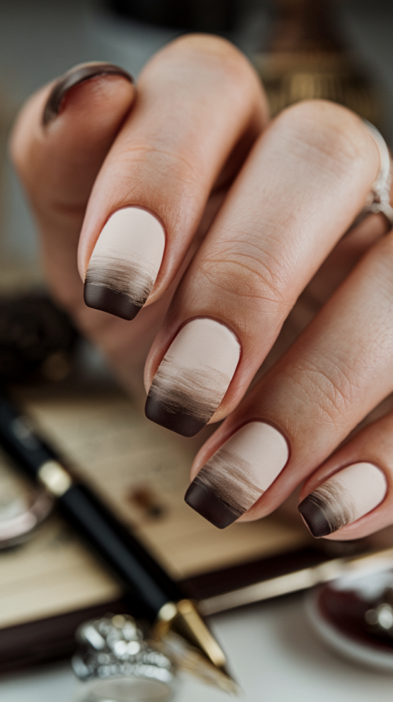 Nails with smooth gradients of tan, brown, and cream in a sepia-toned ombre effect.

