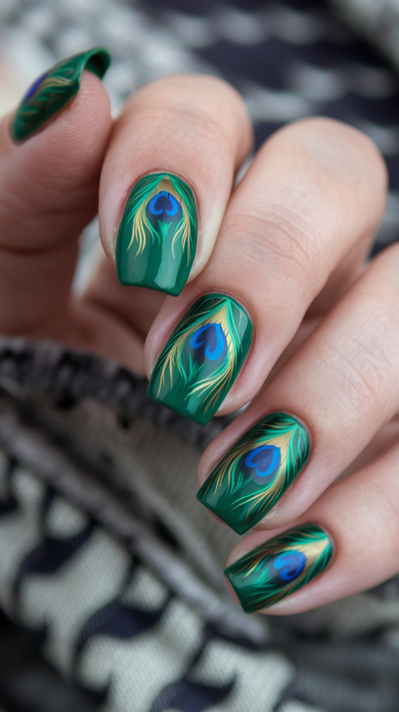 Green nails with intricate peacock feather patterns in blue, green, and gold