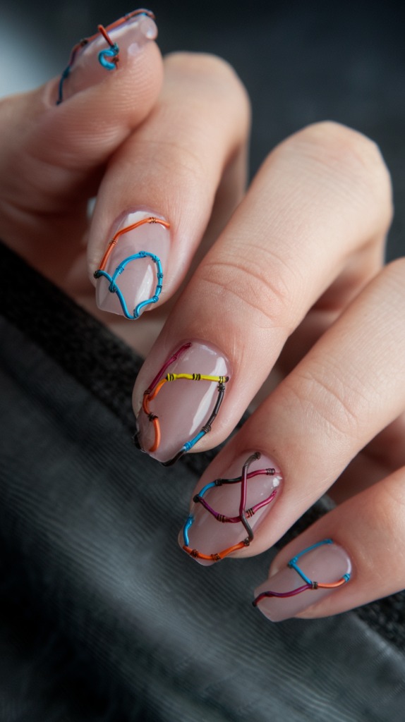 3D Cables and Wires – Clear nails with small, colorful wires embedded under a gel finish.
