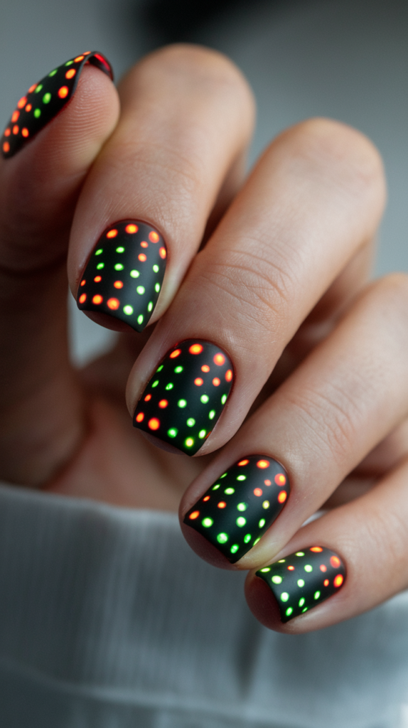 LED-Inspired Dots – Matte black nails with small red and green dots resembling LED indicators.
