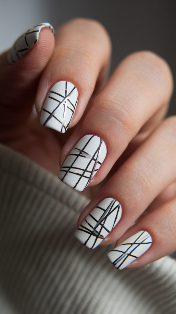 Thin, crisscrossing lines in black and silver drawn in random directions on a matte white base.

