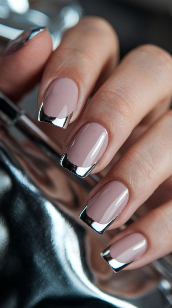 Nude nails with thin silver chrome borders along the edges creating a sharp, sleek design.