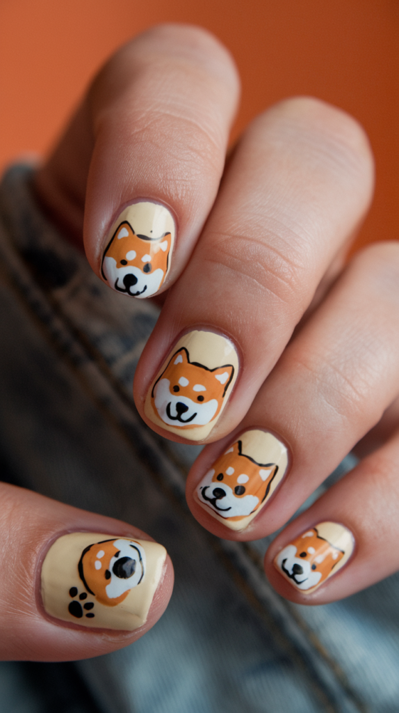 Shiba Inu Designs: Nails with adorable Shiba Inu faces, tiny paws, and bone details on soft pastel backgrounds.
